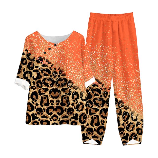 Mikilon Ensemble Élégant pour Femmes 2 Pcs Coton & Lin Imprimé Manches 5/10 Col Rond + Pantalon Décontracté Ensemble Chic & Confortable Manches Courtes Col Rond Blouse/chemise Orange 4TG