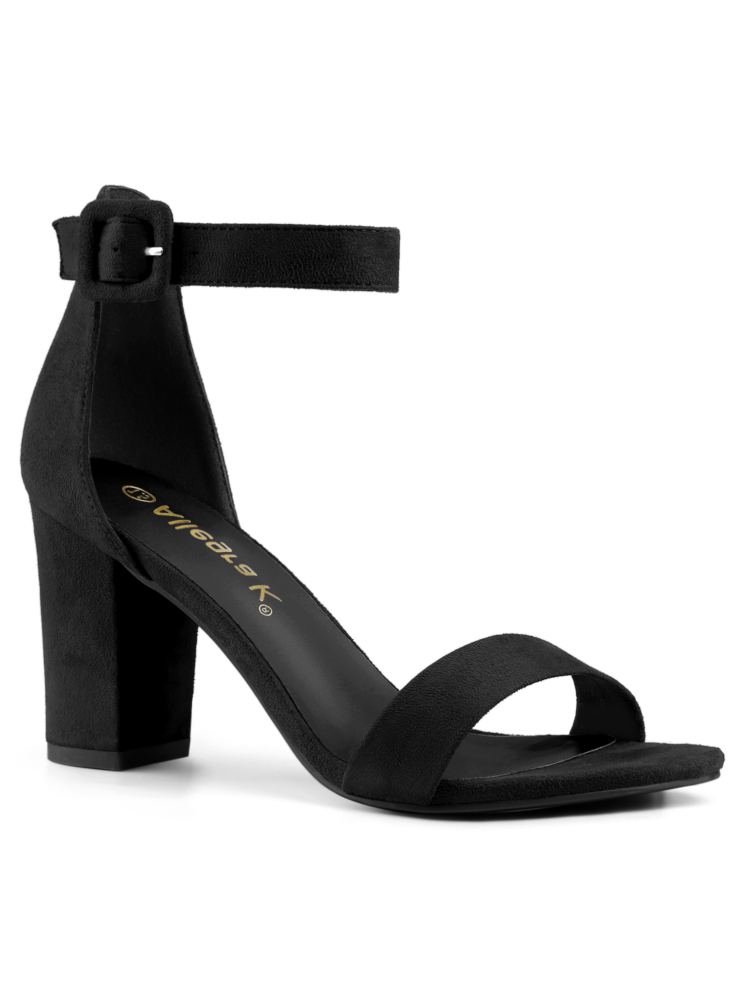 BLISSFUL STEP Women's Shoes Ankle Strap Block Heel Buckle Open Toe Sandals Black 7.5