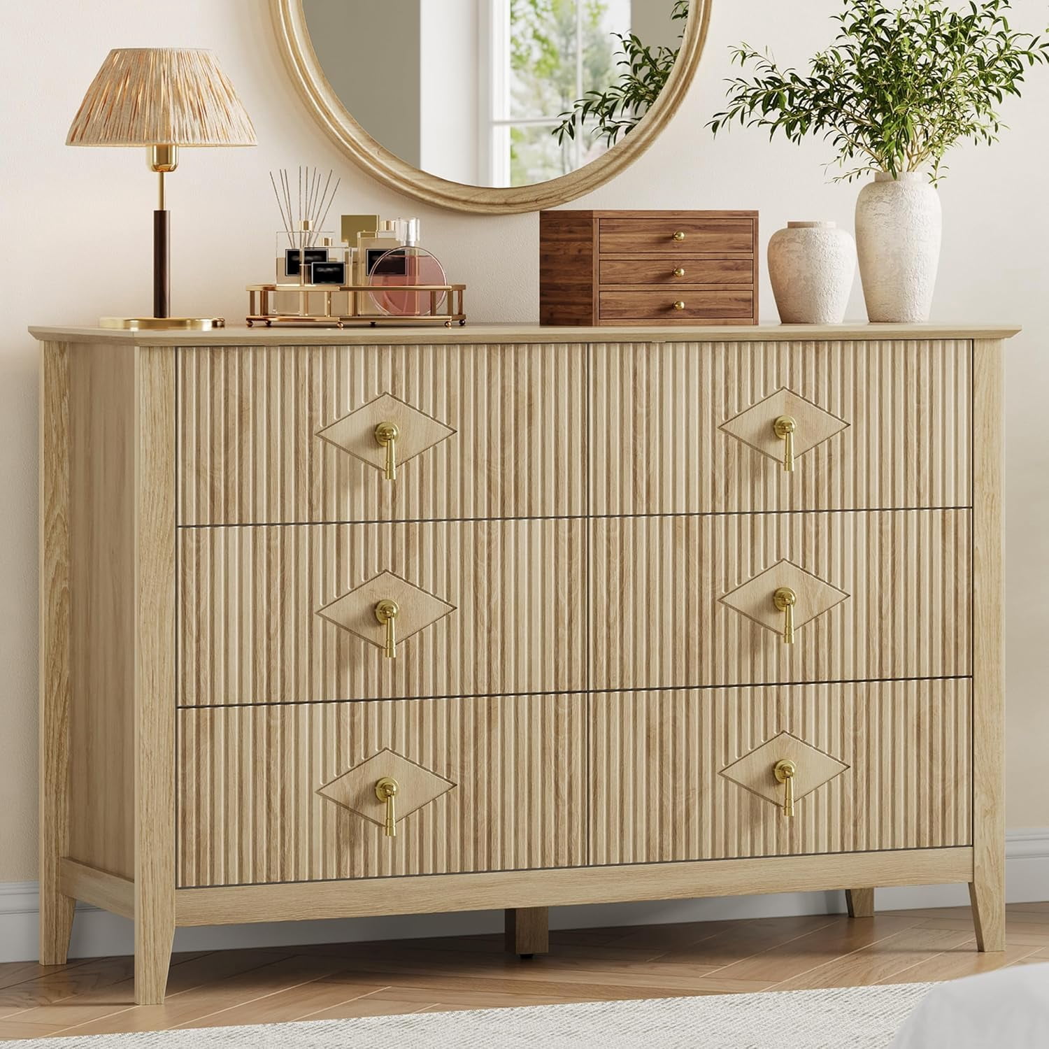 Fluted 6 Drawers Dresser for Bedroom, 47.2" Wide Modern Chest of Drawers with Metal Handle, Wooden Dresser Organizer for Bedroom, Living Room, Hallway, Entryway, Natural