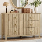Fluted 6 Drawers Dresser for Bedroom, 47.2" Wide Modern Chest of Drawers with Metal Handle, Wooden Dresser Organizer for Bedroom, Living Room, Hallway, Entryway, Natural
