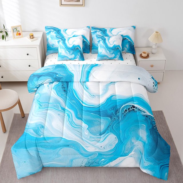 YST Blue White Marble Comforter Set, 7-Piece, Abstract Aesthetic, Full Size