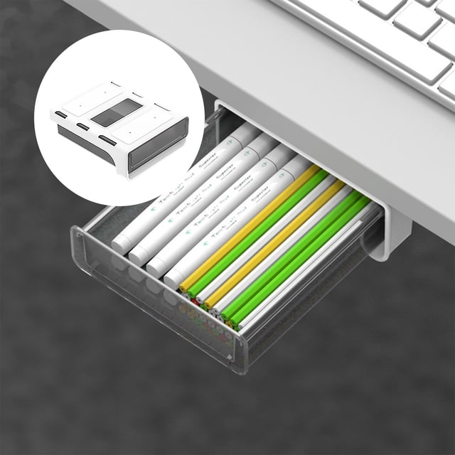 SuoKom Hidden Plastic Storage Box Under Desk Drawer, Table Hidden Organizer Slide Out Large Storage Desktop Pencil Tray for Office Home School Kitchen Self-Adhesi