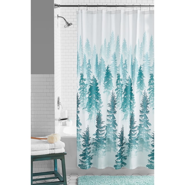 Mainstays Treeline Decorative Fabric Shower Curtain front-facing full panel with repeated evergreen tree silhouette on soft 100% polyester fabric, reinforced buttonhole top visible, measures 72 by 72 in. (1.8 m) to fit standard tubs, styled as bathroom decor; also suitable as a decorative room divider.