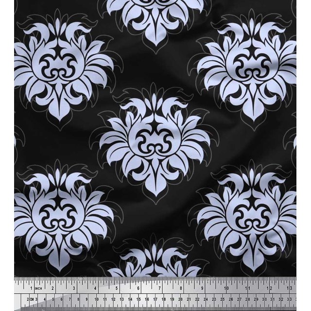 Soimoi Crepe Silk Fabric Seamless Baroque Damask Print Fabric by the Yard 42 Inch Wide