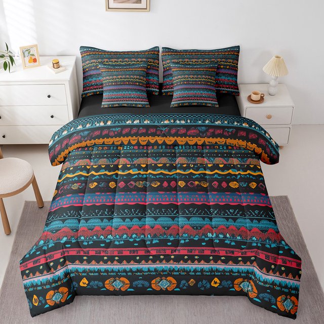 Bohemian 7 Piece Comforter Set Full Bed In A Bag featuring vibrant tribal art patterns in blue, orange, and red tones on a black background. Includes a comforter, flat sheet, fitted sheet, two pillowcases, and two throw pillow covers. Ideal for kids' bedding, displayed in a modern bedroom setting with a white nightstand and lamp.