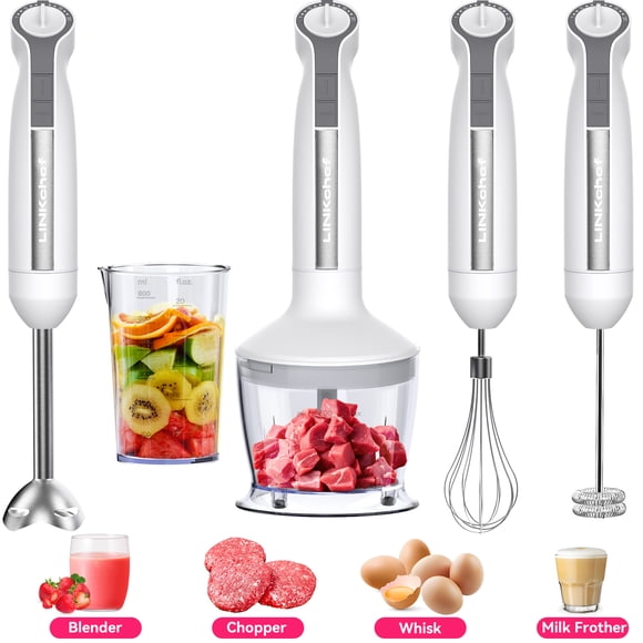 LINKChef Mélangeur à Immersion, 20 Vitesses 1000 W 5-en-1 Mélangeur à Main à Immersion, Mélangeur à Bâton avec Mode Turbo, Robot pour Aliments pour Bébé avec Hachoir, Mélangeur pour la Cuisine avec Bécher de 600 ml (Blanc)