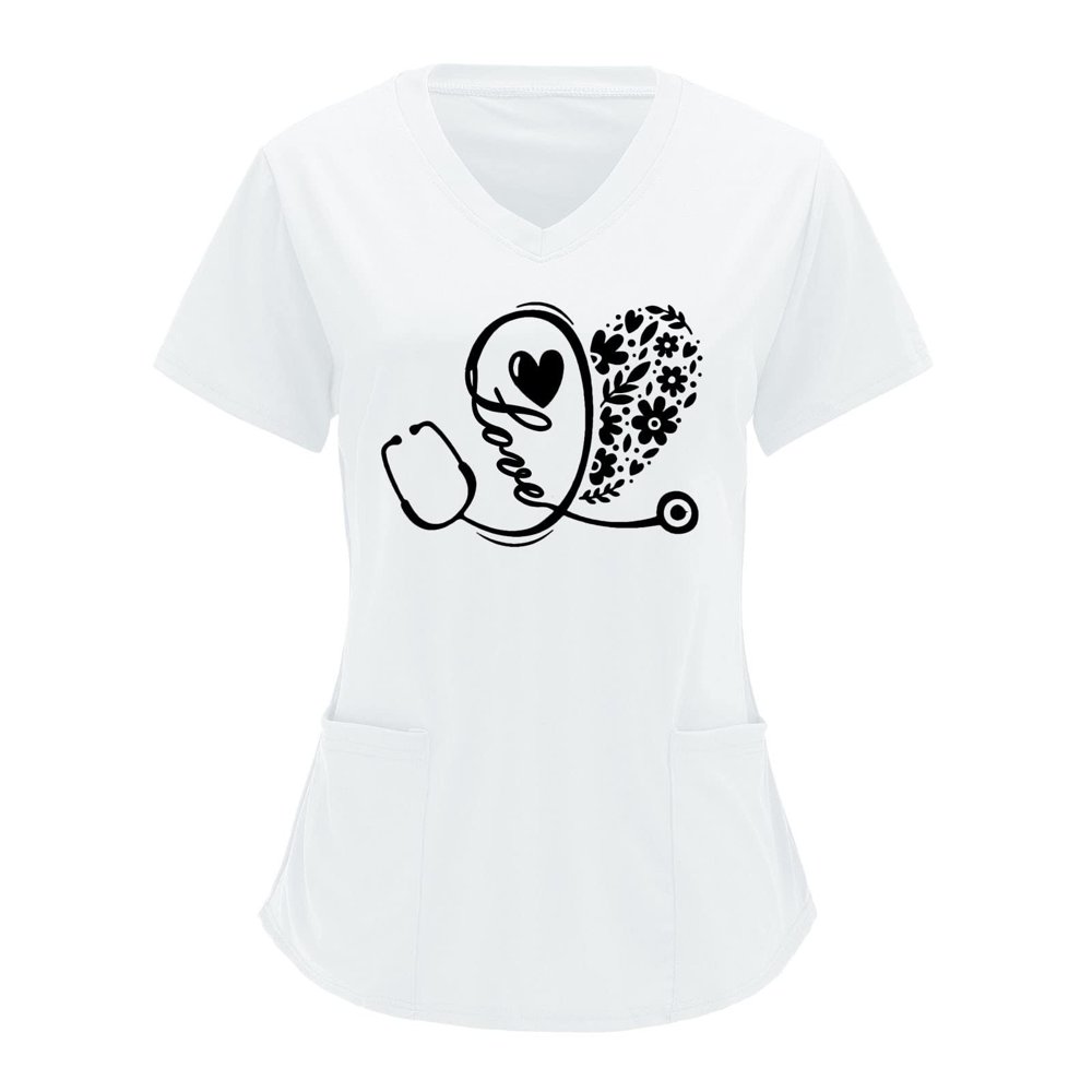 Haut de Sarrau pour Femmes à Col en V, Salopettes Unies, Impression Partielle Positionnée, Manches Courtes, Hauts d'Uniforme de Travail