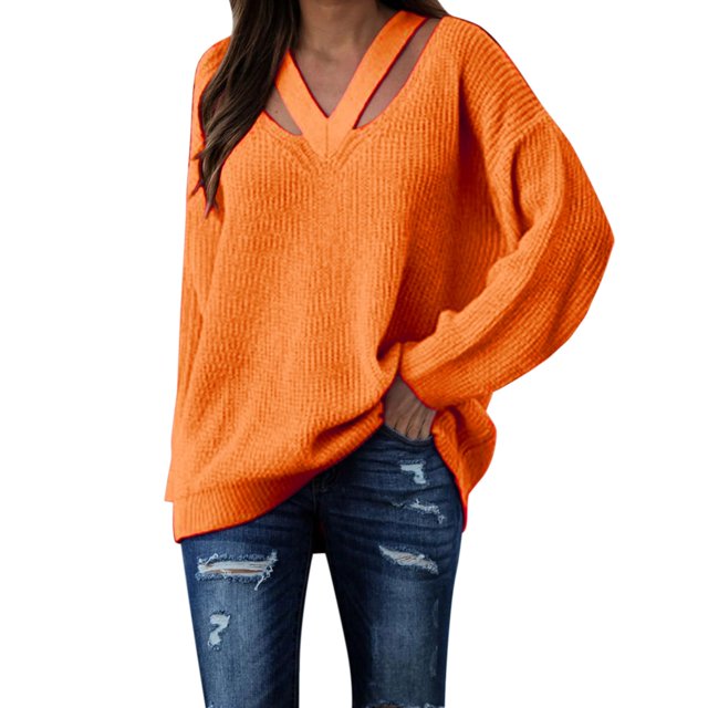 Womens V Neck Oversized Fall Sweater Sexy Long Sleeve Knit Pullover Top