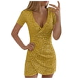 thumbnail image 1 of Bigersell Robe de Princesse Déguisement pour Petites Filles Offres Femme Col en V Manches Courtes Mini Robe Portefeuille Style D-147 Robes Formelles Dames Soirée Fête Grande Taille Robes d'Été, Or TG, 1 of 7