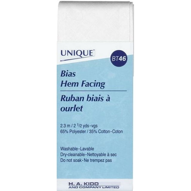 UNIQUE Hem Facing white bias hem facing, 50mm wide and 2.3m long, made of 65% polyester and 35% cotton blend, washable and dry-cleanable sewing notion ideal for finishing hems on garments and fabric projects.
