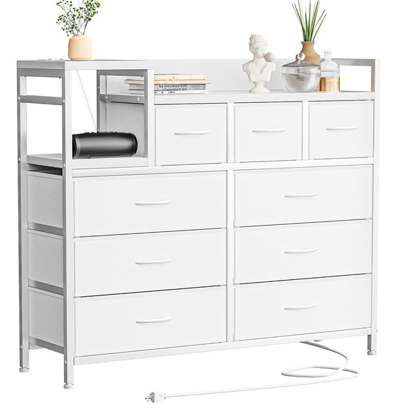 Commode à 9 Tiroirs avec Prise de Courant, Commode en Bois pour Salon, Couloir