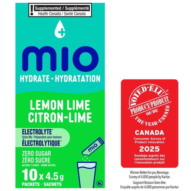 mio Hydrate Lemon Lime Electrolyte Drink Mix box containing 10 packets of 4.5 g each with zero sugar and natural lemon lime flavour, labelled as electrolyte drink mix in English and French on a blue and green background, featuring a red badge for Canada's 2025 Product of the Year in the better-for-you beverage category.