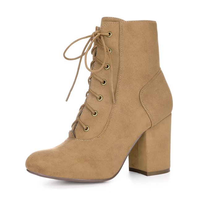 Unique Bargains Women's Round Toe Chunky High Heel Lace Up Booties