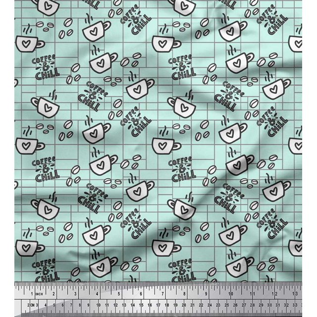 Soimoi Green Heavy Satin Fabric Coffee & CHill Text Decor Fabric Printed Yard 54 Inch Wide