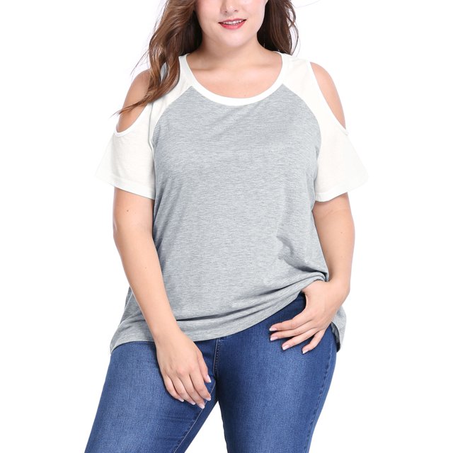 Agnes Orinda Women's Plus Size School College Contrast Short Sleeve Cold Shoulder Summer Blouse 1X Gray