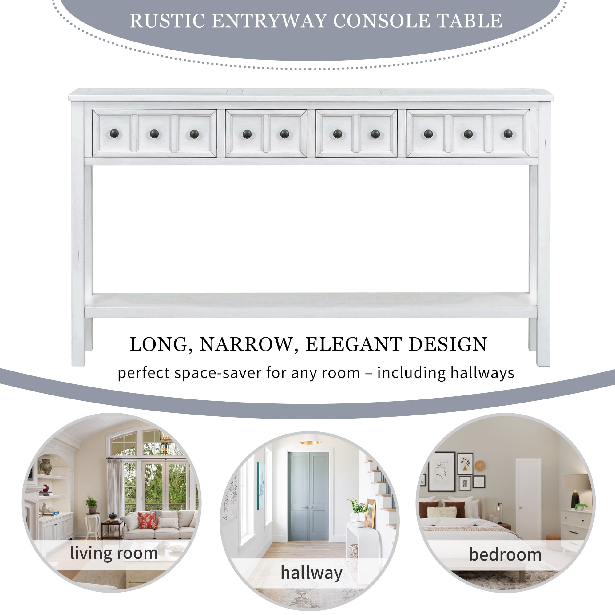 Noble House Rustic Entryway Console Table, 60" Table with two Different Size Drawers and Bottom Shelf for Storage ,Antique White