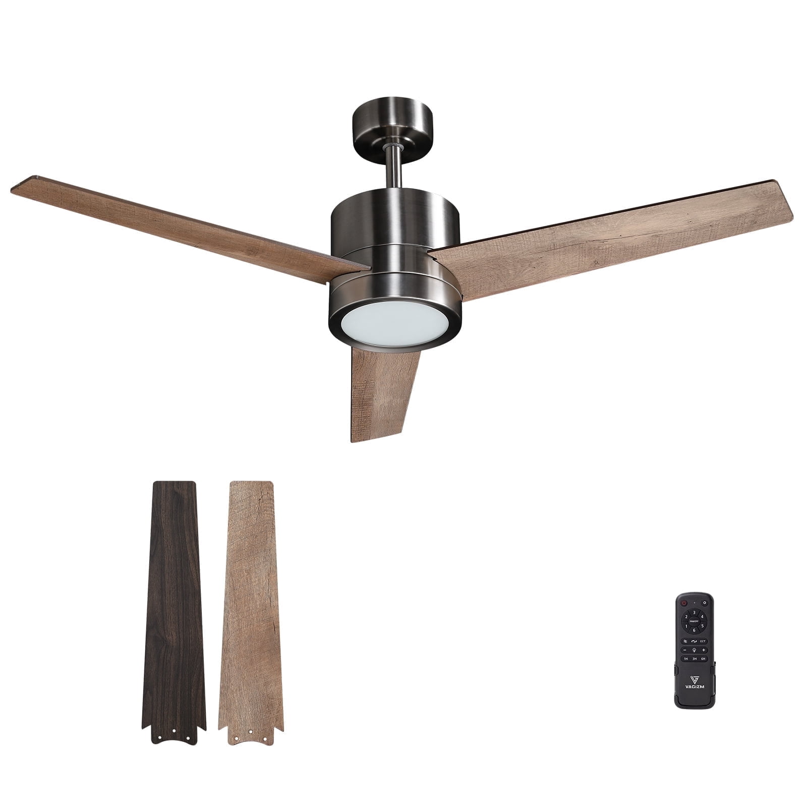 52 Inch Ceiling Fan Brushed Nickel: Vagizm Remote Controlled Dimmable Light Combo - Quiet Reversible - 3 Blades (Brushed Nickel+Walnut)