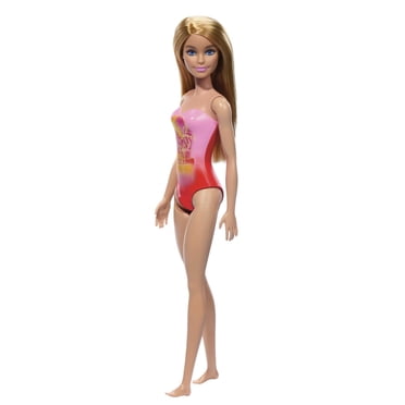 Barbie Poupée Plage Cheveux blonds, maillot rose à imprimé palmiers