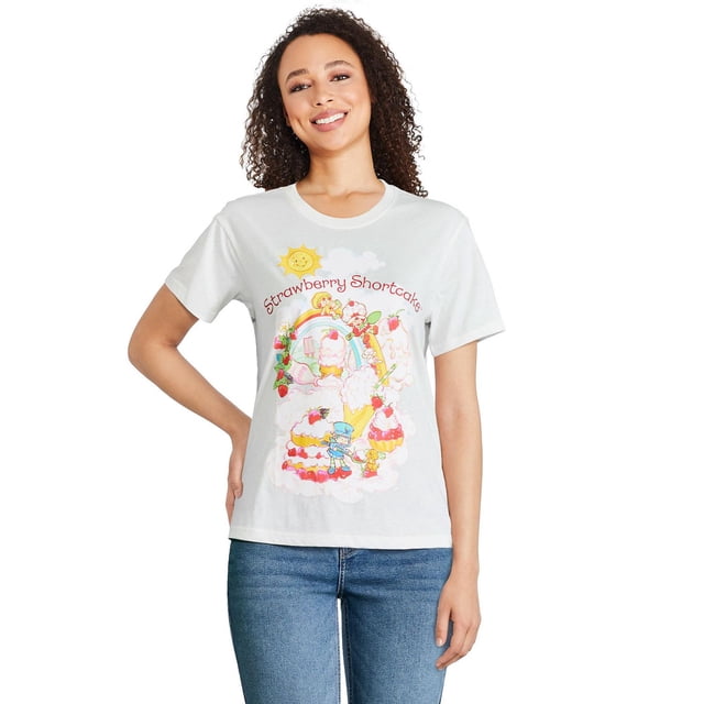 Strawberry Shortcake Women's Graphic T-Shirt flat lay, soft jersey knit crew-neck casual tee with short sleeves, relaxed drop shoulders, straight hem and Strawberry Shortcake front graphic in heathered pink; boyfriend fit for everyday wear, often used as a lightweight lounge layer for travel.
