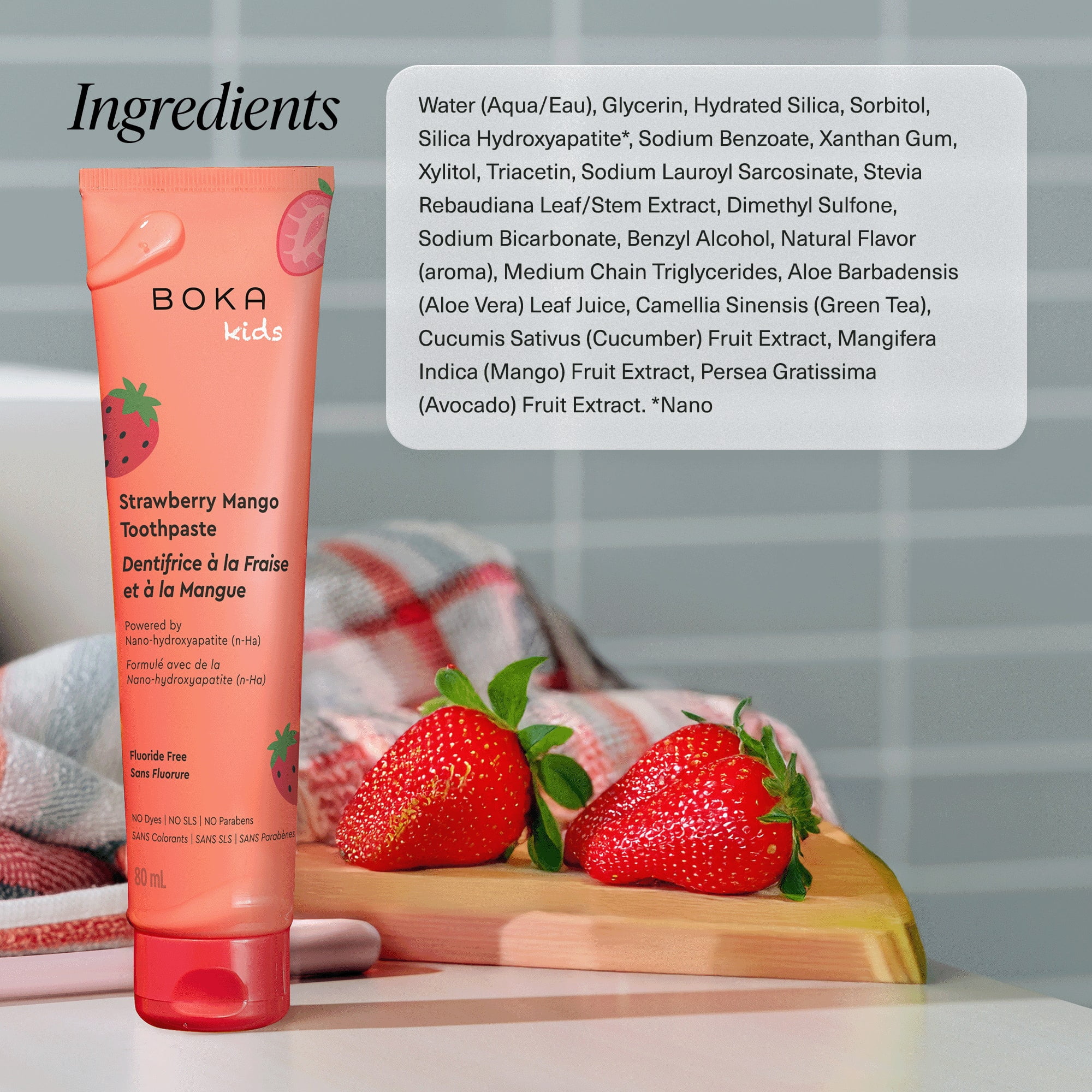 Boka Dentifrice sans Fluorure - Dentifrice Nano-hydroxyapatite - Saveur Fraise & Mangue - 80 ml