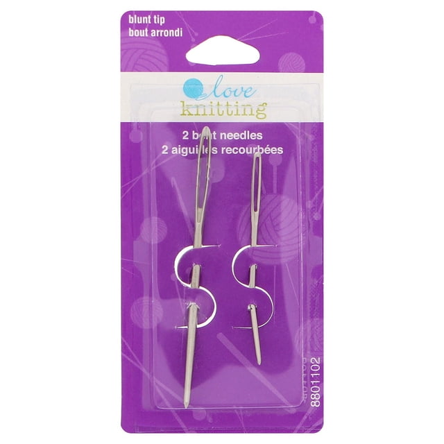 Love Knitting blunt tip bent needles set with two silver metal knitting needles on purple packaging, ideal for weaving yarn ends, seaming, and darning knitting projects without fraying yarn, suitable for detailed yarn work.