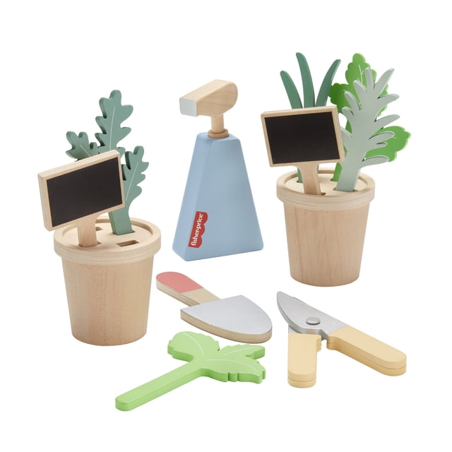 Fisher-Price Jardin d'Herbes en Bois et Outils Ensemble de Jeu d'Imitation pour Enfants d'Âge Préscolaire avec 12 Pcs en Bois Incluant Deux pots en Bois Naturel avec des Feuilles d'Herbes en Bois Vertes, Deux Étiquettes de Plantes pour Tableau Noir, une Bouteille Vaporisateur en Bois Bleue avec le logo Fisher-Price, une Pelle en Bois à Bout Rose, des Cisailles en Bois pour Jouets et une Feuille d'Herbes en Bois Verte, Convient au Jardinage Imaginatif, au Jeu de Rôle et à la Créativité de la Petite Enfance.