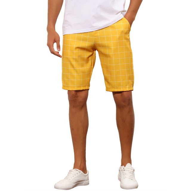 INSPIRE CHIC Men's Shorts Plaid Pattern Straight Fit Comfort Flat Front Checked Shorts 32 Yellow
