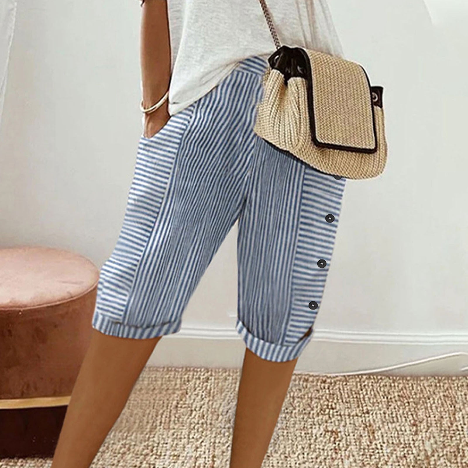Womens Summer Woven Striped Patchwork Button Loose Cotton Linen Casual Capris
