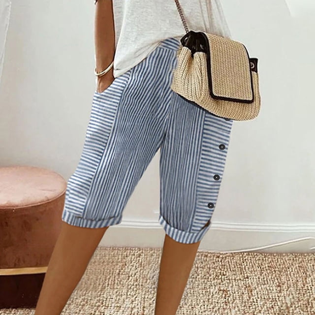 Womens Summer Woven Striped Patchwork Button Loose Cotton Linen Casual Capris