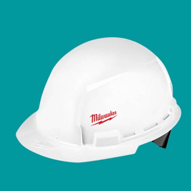 48731021 - HEAD PROTECTOR-HELMET WHT TYPE 1 CLASS E FRONT with strap. A white front-brim hard hat by Milwaukee featuring a 4-point ratcheting suspension system, Type 1 Class E rating, and four BOLT accessory slots. Includes a reversible headlamp mount, marker clip slots, and a moisture-wicking sweatband for added comfort.