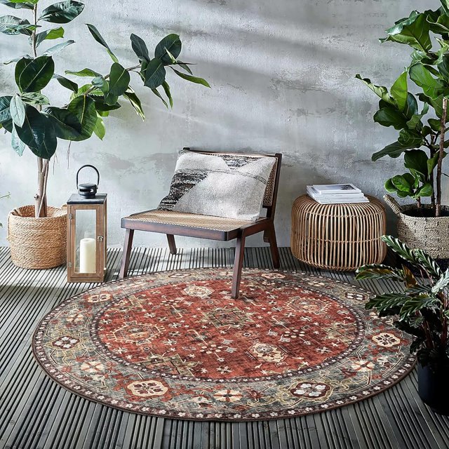 JV Home Tapis Rond Oushak Rouge Brun 4 Pi Lavable Antidérapant
