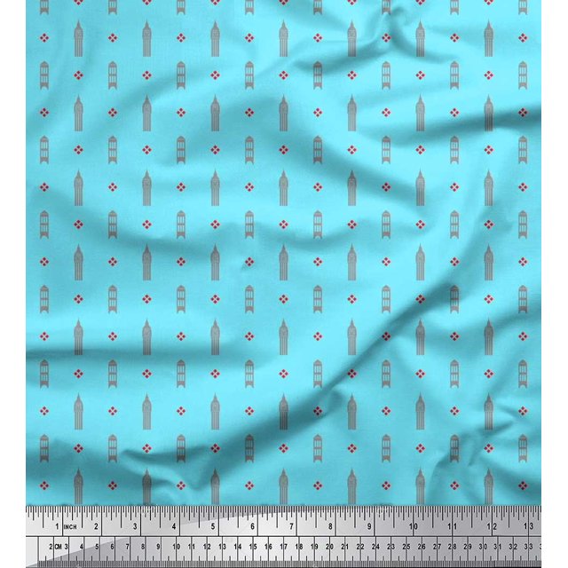 Soimoi Poly Georgette Fabric Curve Diamond & Clock Tower Architectural Print Sewing Fabric Yard 42 Inch Wide