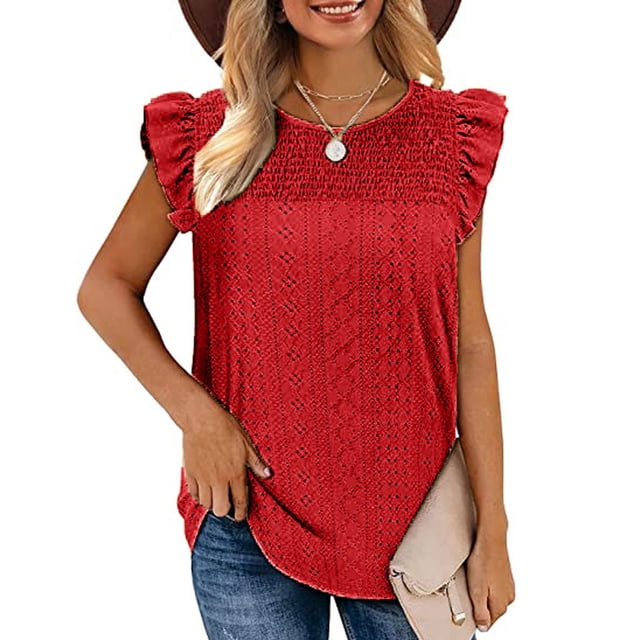 Meichang Débardeurs pour Femmes à Broderie Oeillets Unis Sans Manches Col Ras du Cou Chemises Décontractées Basiques à Volants Débardeurs Chemises Mode Mignonne Blouse 2024 Rouge m