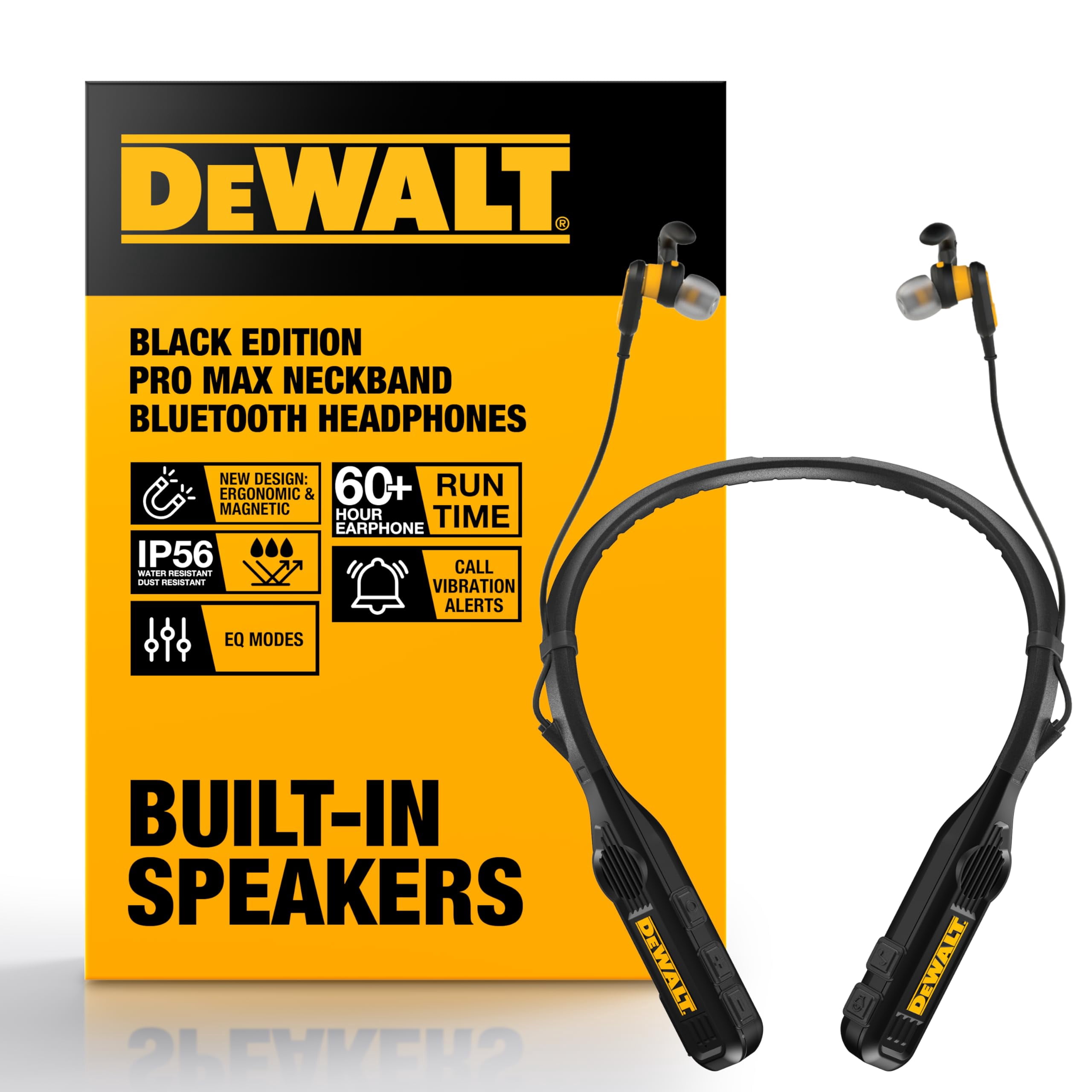 DEWALT Heavy Duty Black Edition 2-in-1 Neckband Bluetooth Headphones w/Built-in Speakers, Jobsite Wearable Speaker & Around Neck, Wireless Headset, 6
