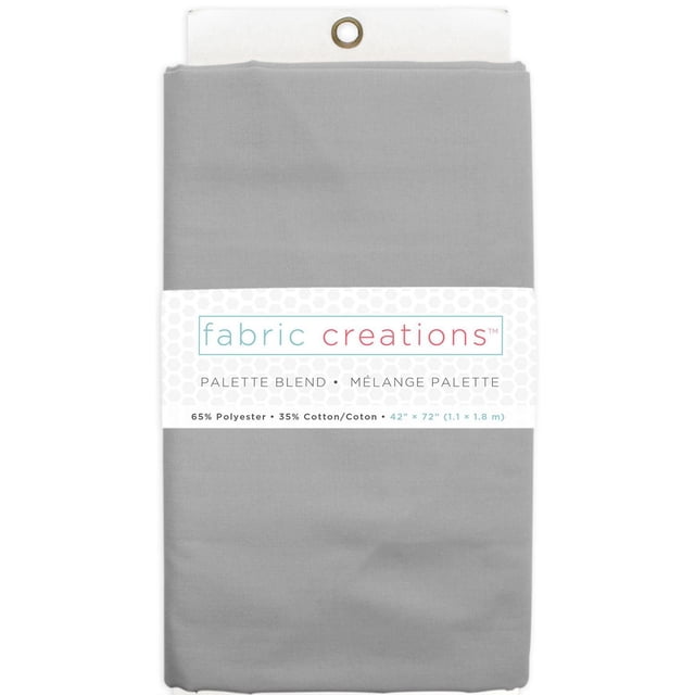 Fabric Creations Polycotton 65/35 pre-cut fabric in grey, folded with a white label showing brand and fabric blend details, measuring 42 by 72 inches (1.1 by 1.8 meters). This lightweight, machine-washable fabric is suitable for quilting, garment stitching, and home décor projects such as pillows and table coverings.