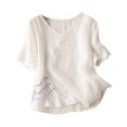 thumbnail image 2 of Meichang Hauts en Coton et Lin pour Femmes Décontractés d'Été à Manches Courtes à Col Rond T-Shirts Rétro Coupe Ample T-Shirts Unis Fluides Blouses Courtes de Vacances Blanc TG, 2 of 4