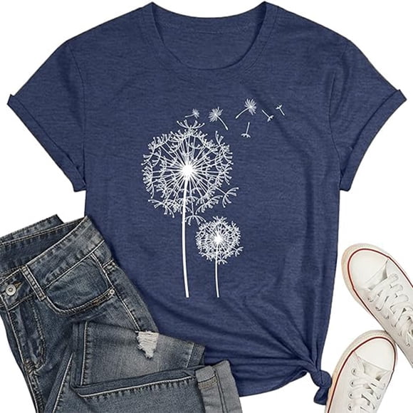 TINZ Women's Fashion Casual Dandelion Print Short Sleeve T Shirt Top T Shirt Women Plain Womens Casual Tees Woman's Summer Tops