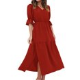 thumbnail image 1 of Robe Maxi d'Été Mode Femme Manches Mi-Longues Col en V Ample Robe Unie à la Cheville Robe Longue Fendue Robe à Manches Courtes en Liquidation, 1 of 7