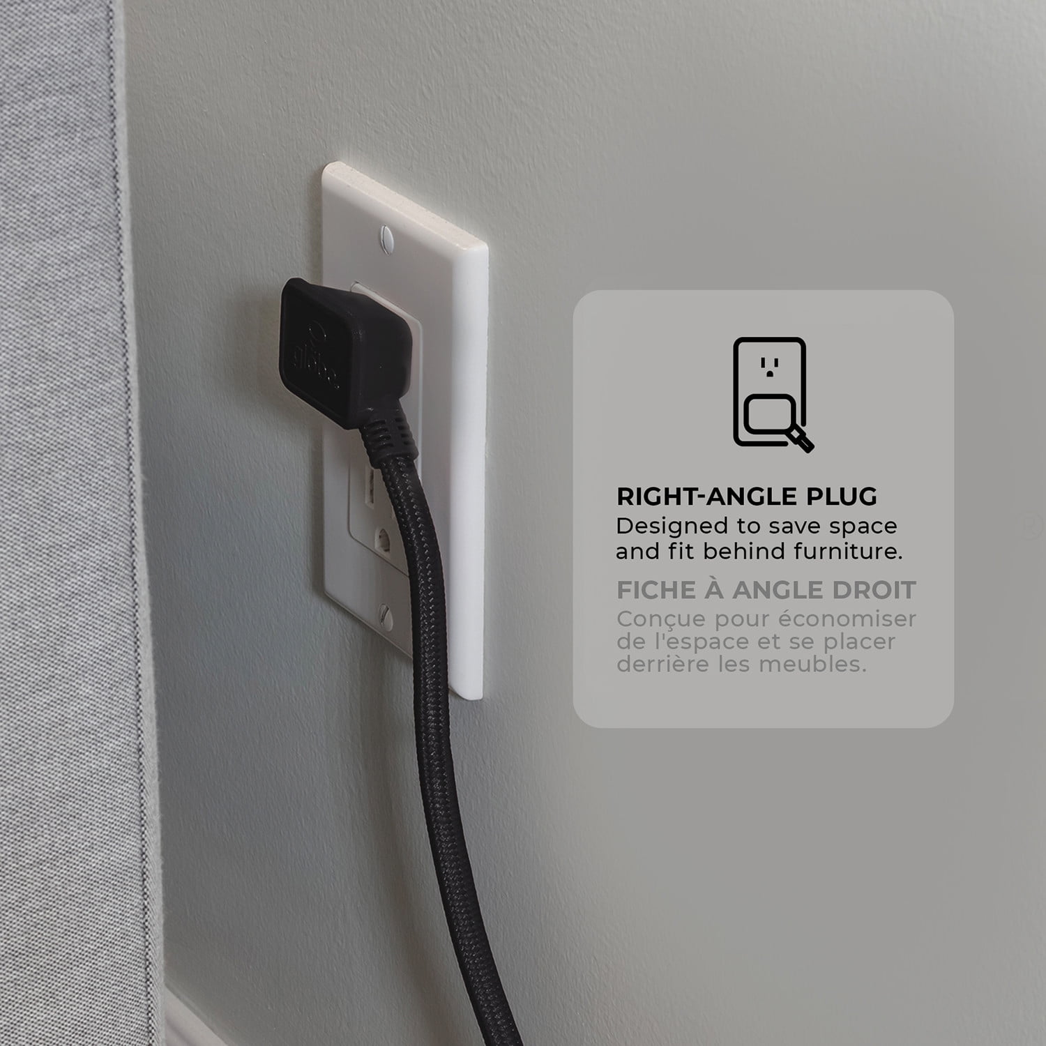 Rallonge électrique en tissu noir de 3,7 m (12 pi) et de calibre 16/3 à 3 prises avec fiche coudée et crochet intégré de Globe Electric
