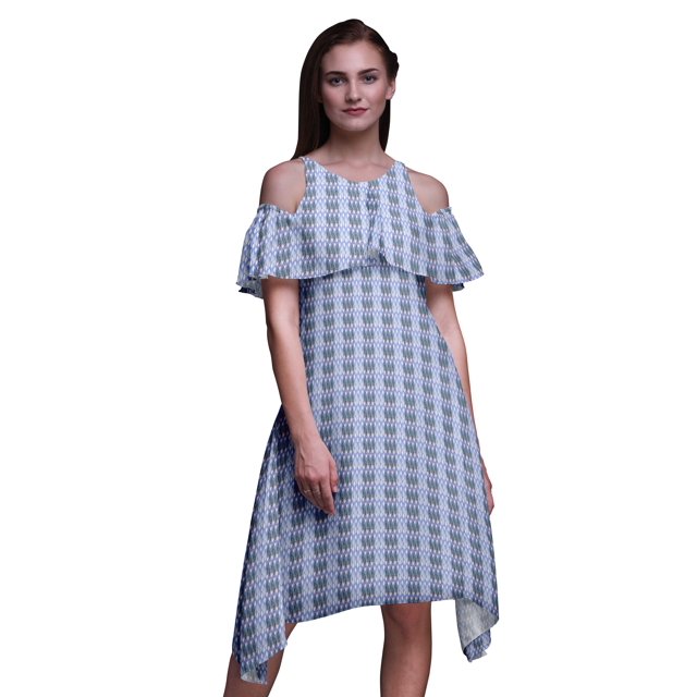 Bimba Robe Midi à Épaules Dénudées pour Femmes, Tunique à Manches Flottantes, Imprimé Floral Bleu - XXX-Large