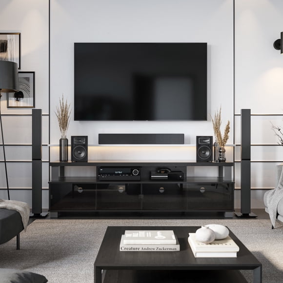CorLiving Bromley Engineered Wood Extra Wide TV Stand with 4 Glass Doors and Soundbar Shelf for Most TVs up to 95", Black