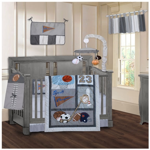 BabyFad Sports Champion 9 Piece Baby Boy Crib Bedding Set – Basketball, Baseball, Soccer & Football – Premium Embroidery, 100% Cotton, Gender Specific