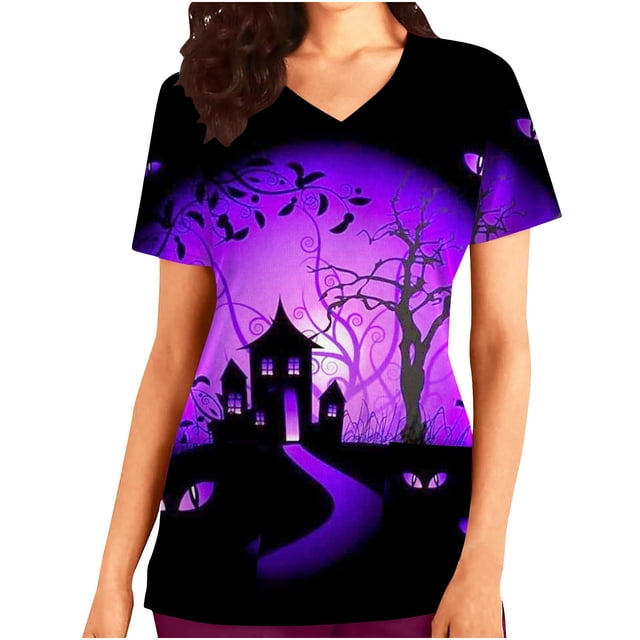 RKSTN Women Tops Short Sleeve V-neck Tops Working Uniform Halloween Printed with Pockets Blouse Scrub Tops