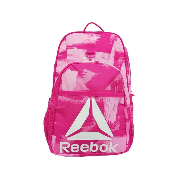 ARDEN BACKPACK WITH LUNCHBOX in bright pink with abstract brushstroke pattern, featuring a front zip pocket with large white Reebok logo, mesh side pockets, and a top handle. Lightweight, durable, and water-resistant, suitable for school, office, or casual outings.