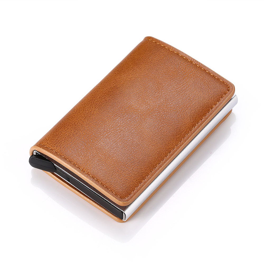 yeacher Men's RFID-Blocking Aluminum Cardholder Wallet with Auto-Eject Function, Brown Leather Credit Card Case for Business and Travel