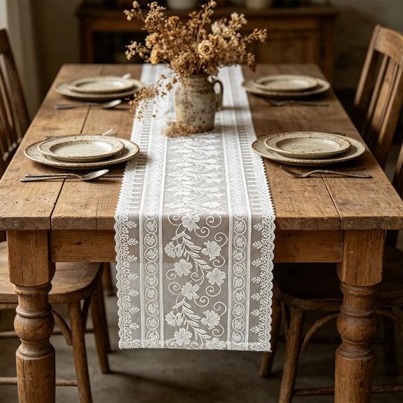ZZkhGO Lace Tablecloth, Hollowed Out Rural Dining Table Decoration for Home, 11.81 x 70.87 Inch Strip Runner with Polyester Material for Tea Table, Coffee Table, Light Blue