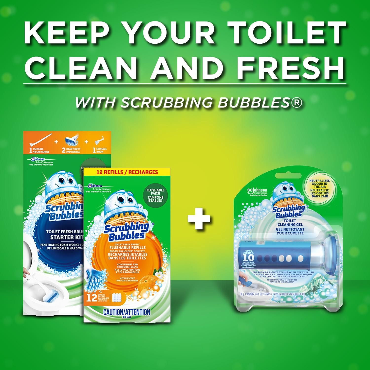 Scrubbing Bubbles Brosse Fraîcheur Toilette Nécessaire de départ, Comprend 1 manche, 2 recharges de tampons pour gros travaux et un crochet de rangement