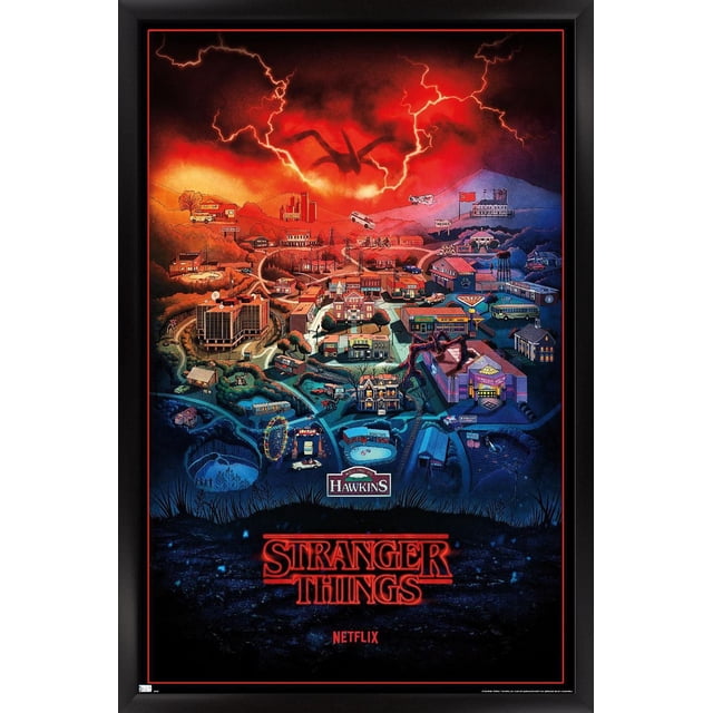 Netflix Stranger Things : Saison 4 - Hawkins, Affiche Murale de l'Indiana, 22,375 Po x 34 Po Encadrée, Représentant une Carte Illustrée Détaillée de Hawkins avec des Bâtiments, des Routes et des Monuments sous un Ciel Rouge Orageux avec des Éclairs et une silhouette de Monstre Ombrée, Parfaite pour l'Art Mural, la Déco Maison et la Décoration de Fête à Thème.