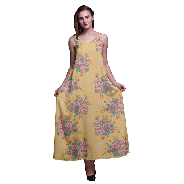 Bimba Robe Maxi à Bretelles Spaghetti Sans Manches pour Femmes en Rayonne à Imprimé Floral, Coupe Évasée - Medium