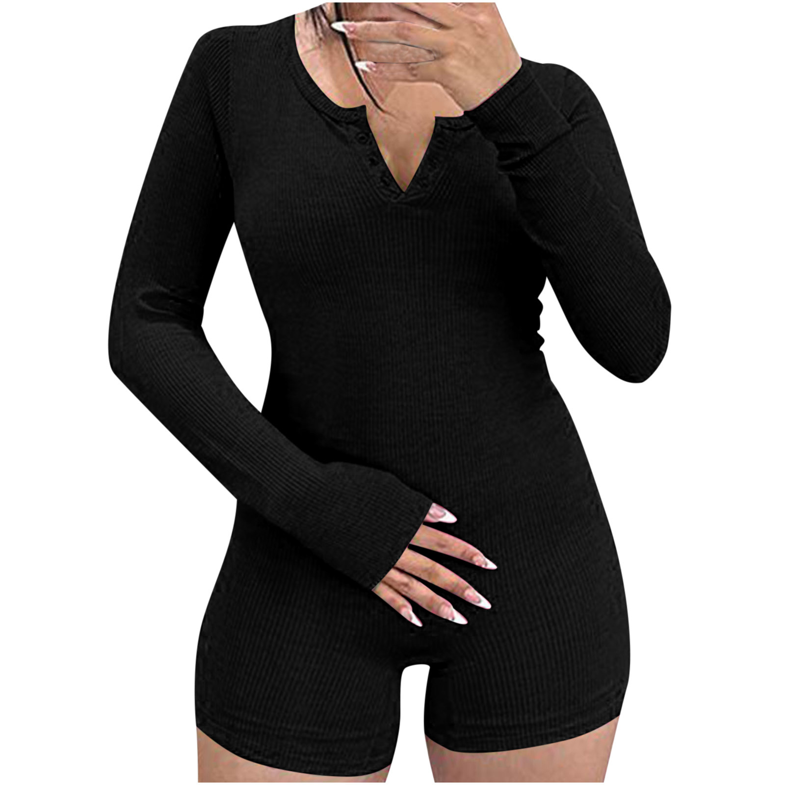 Mefallenssiah Combinaison Courte Décontractée à Manches Longues en U Slim pour Femme